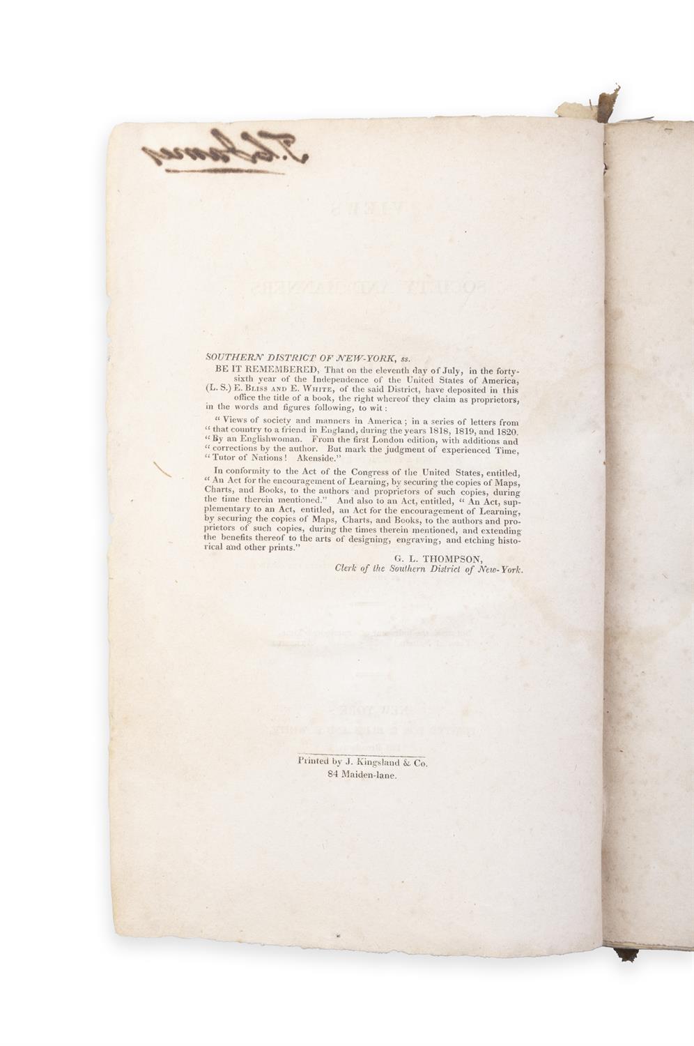 [FRANCIS WRIGHT] Views of Society and Manners in America...by an Englishwoman, - Image 3 of 5