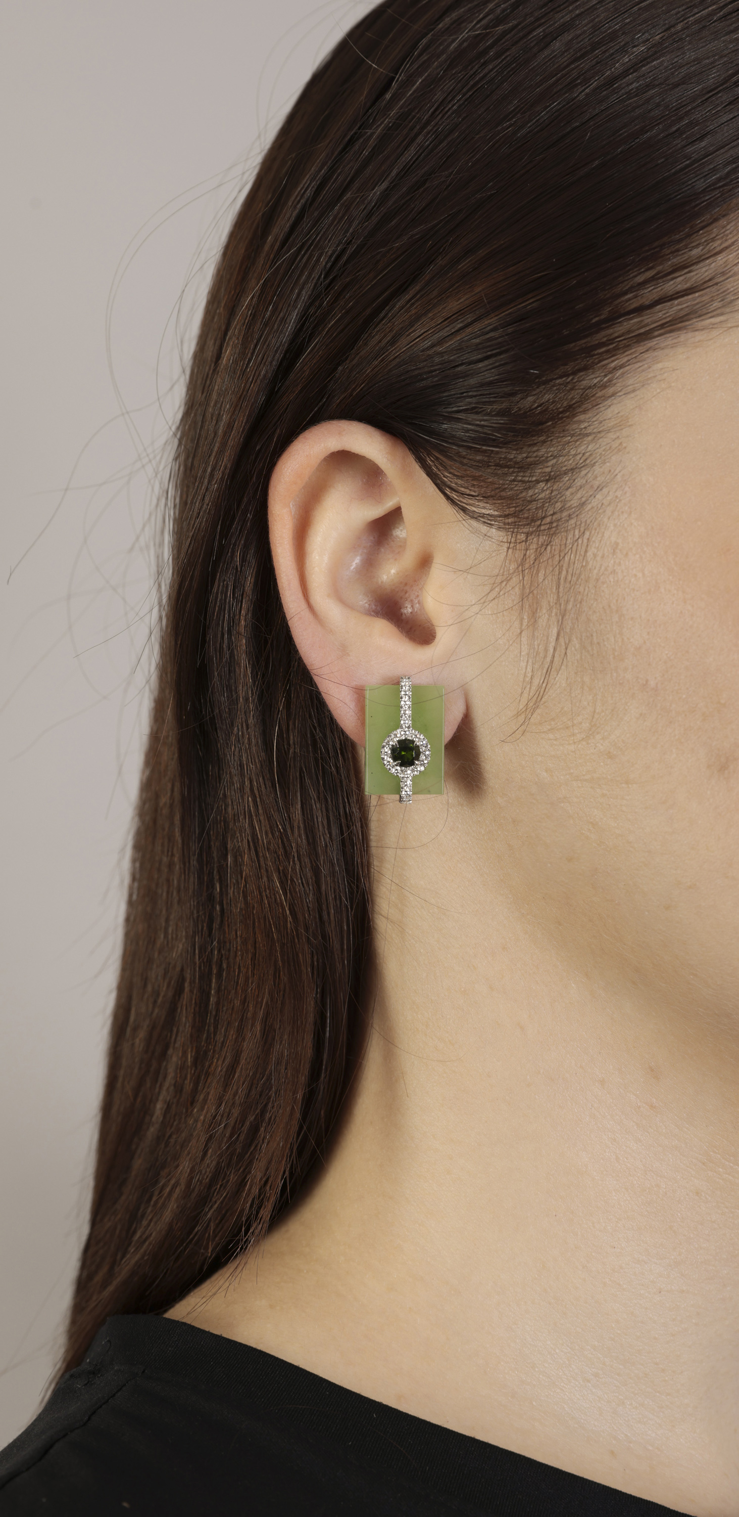 A PAIR OF JADE, CHROME DIOPSIDE AND DIAMOND EARRINGS, BY MARGHERITA BURGENER Each rectangular - Image 3 of 3