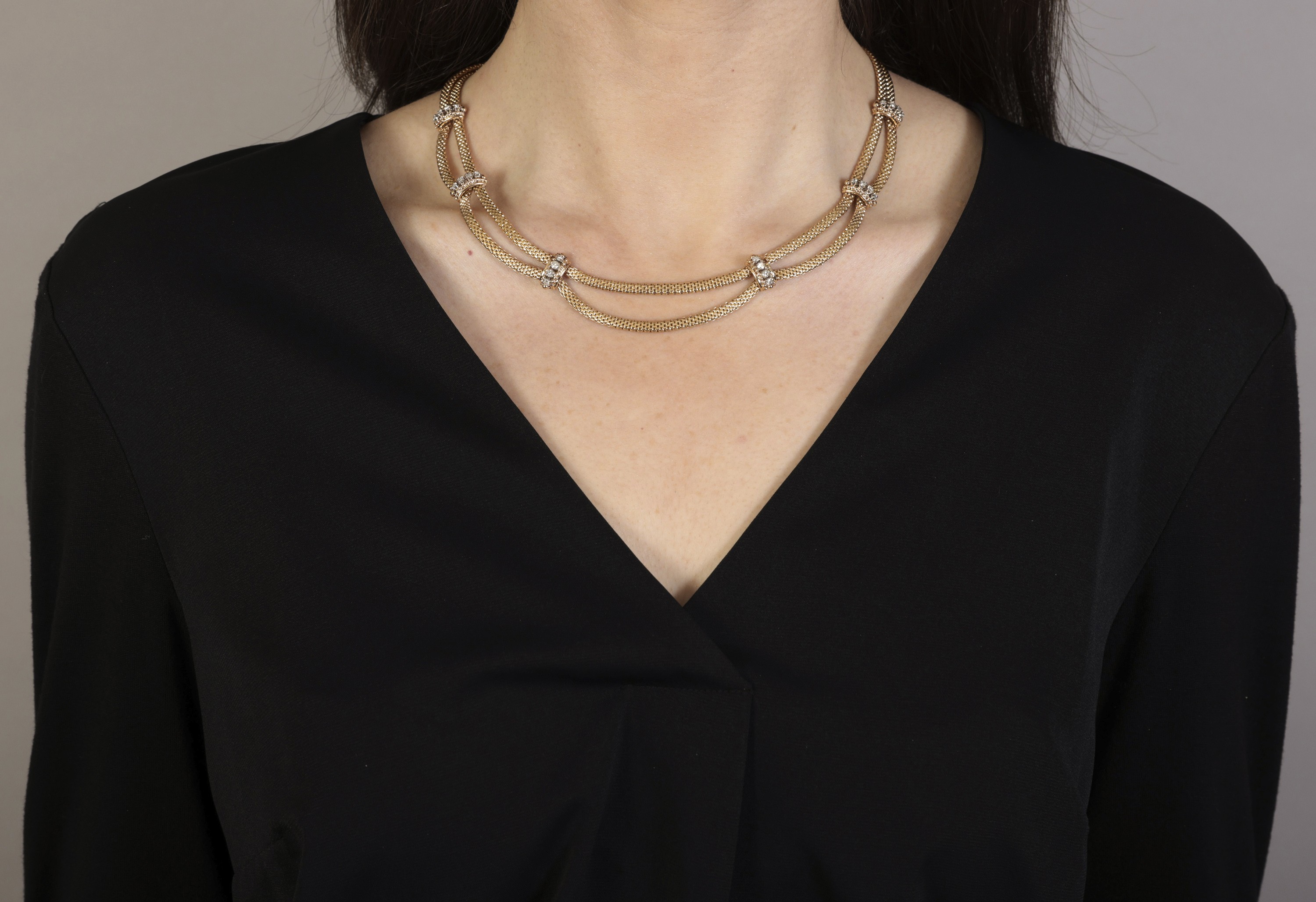A DIAMOND NECKLACE, CIRCA 1950 Composed of two mesh-link chains with single-cut diamond connectors - Image 2 of 3