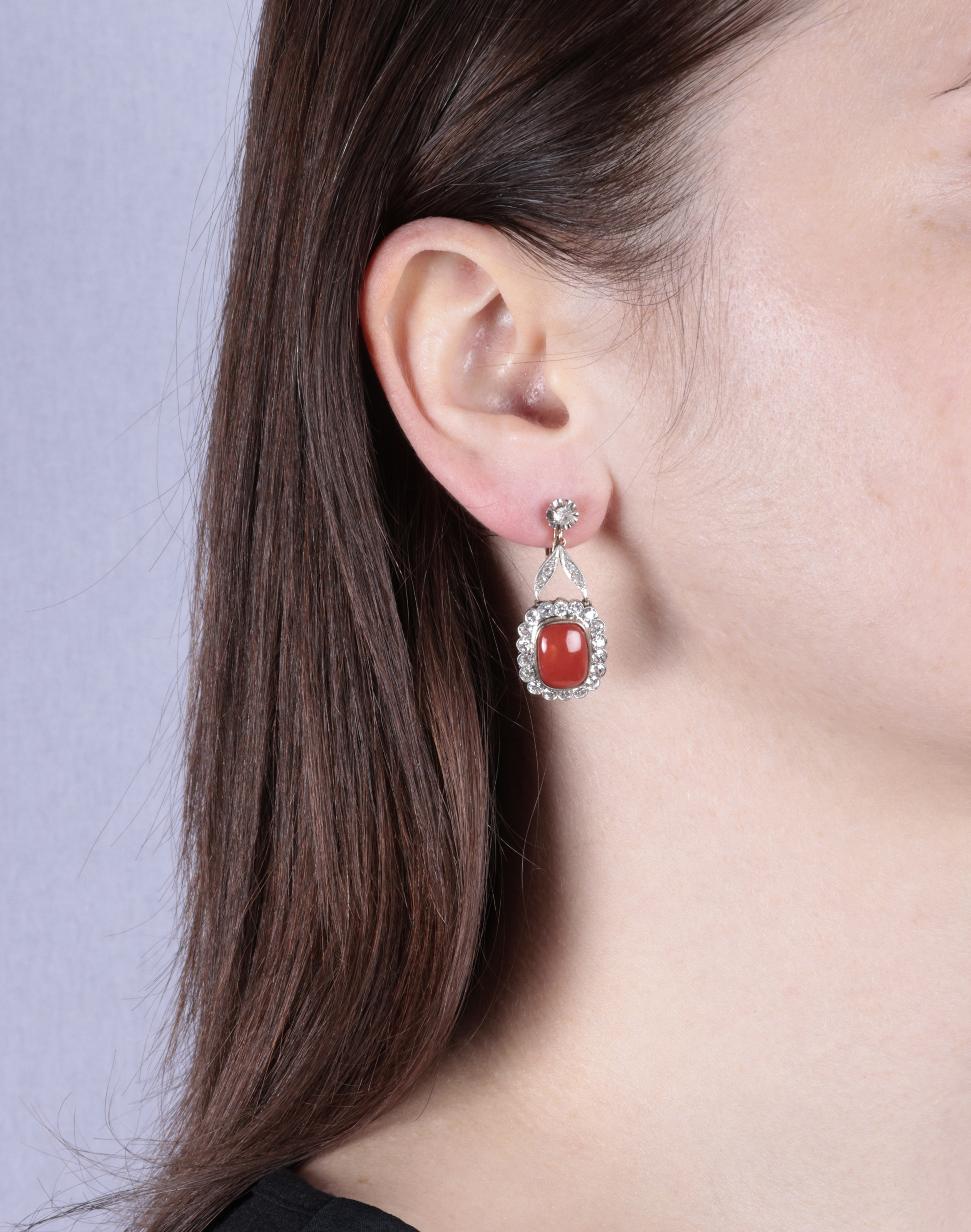 A PAIR OF MID 20TH CENTURY CORAL AND DIAMOND EARRINGS Each set with a cushion-shaped cabochon coral, - Image 4 of 4