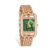 AN 18K GOLD AND GEM-SET 'CAPE COD' BRACELET WATCH, BY HERMÈS Of quartz movement, the square green