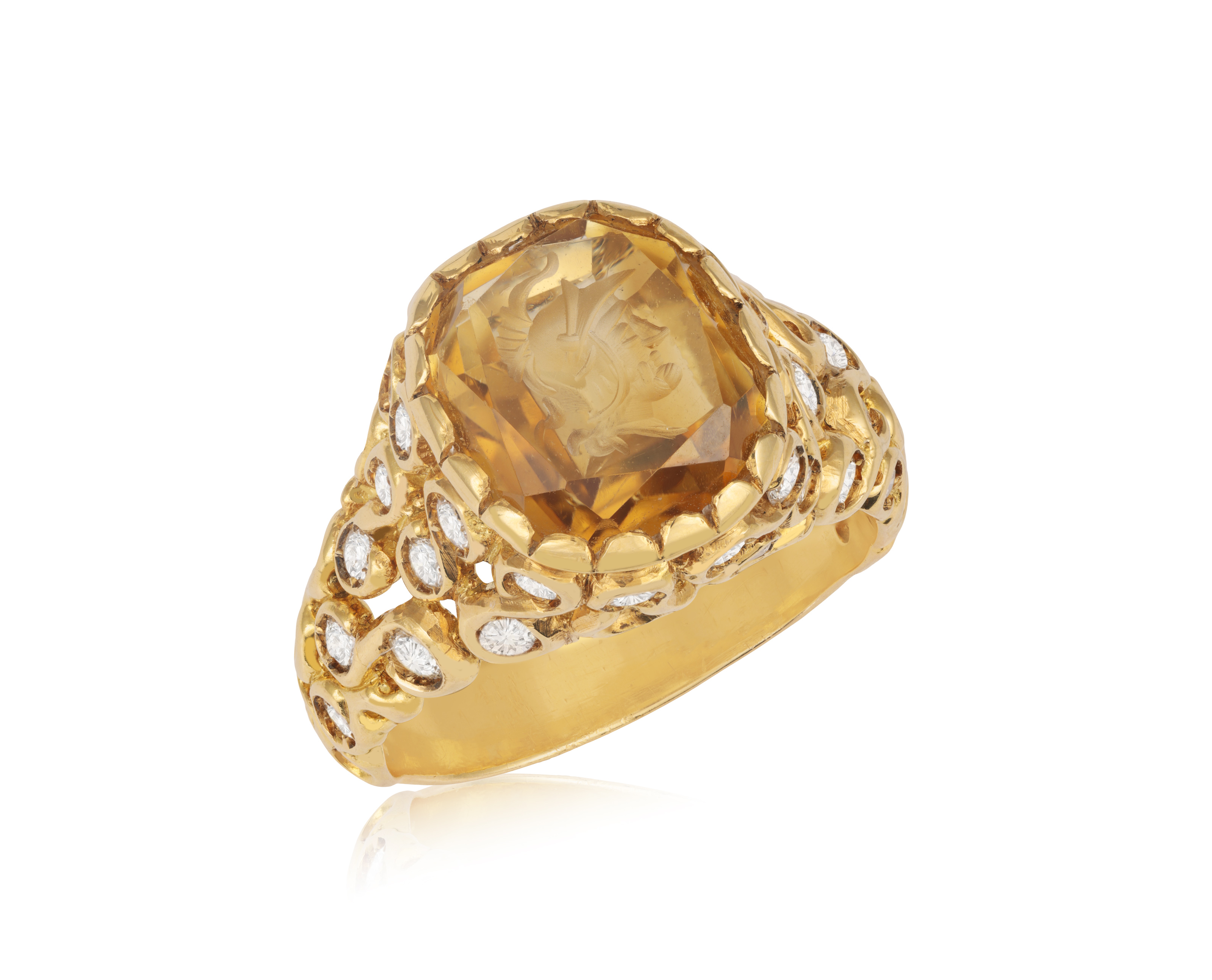 A DIAMOND AND CITRINE INTAGLIO RING The openwork scrolled raised mount, set with brilliant-cut - Image 2 of 5