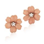 A COLLECTIBLE PAIR OF CORAL AND DIAMOND 'ROSE DE NOËL' EARCLIPS, BY VAN CLEEF & ARPELS, CIRCA 1975
