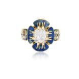 A RARE ART NOUVEAU ENAMEL AND DIAMOND 'PANSY' RING, BY CHARLES RIVAUD, CIRCA 1900 The cushion-shaped