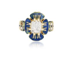 A RARE ART NOUVEAU ENAMEL AND DIAMOND 'PANSY' RING, BY CHARLES RIVAUD, CIRCA 1900 The cushion-shaped