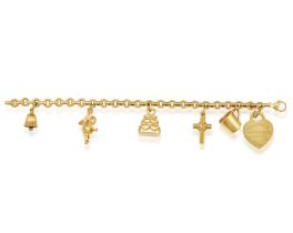 A GOLD AND DIAMOND CHARM BRACELET, BY TIFFANY & CO. The cable-link chain suspending six gold charms,