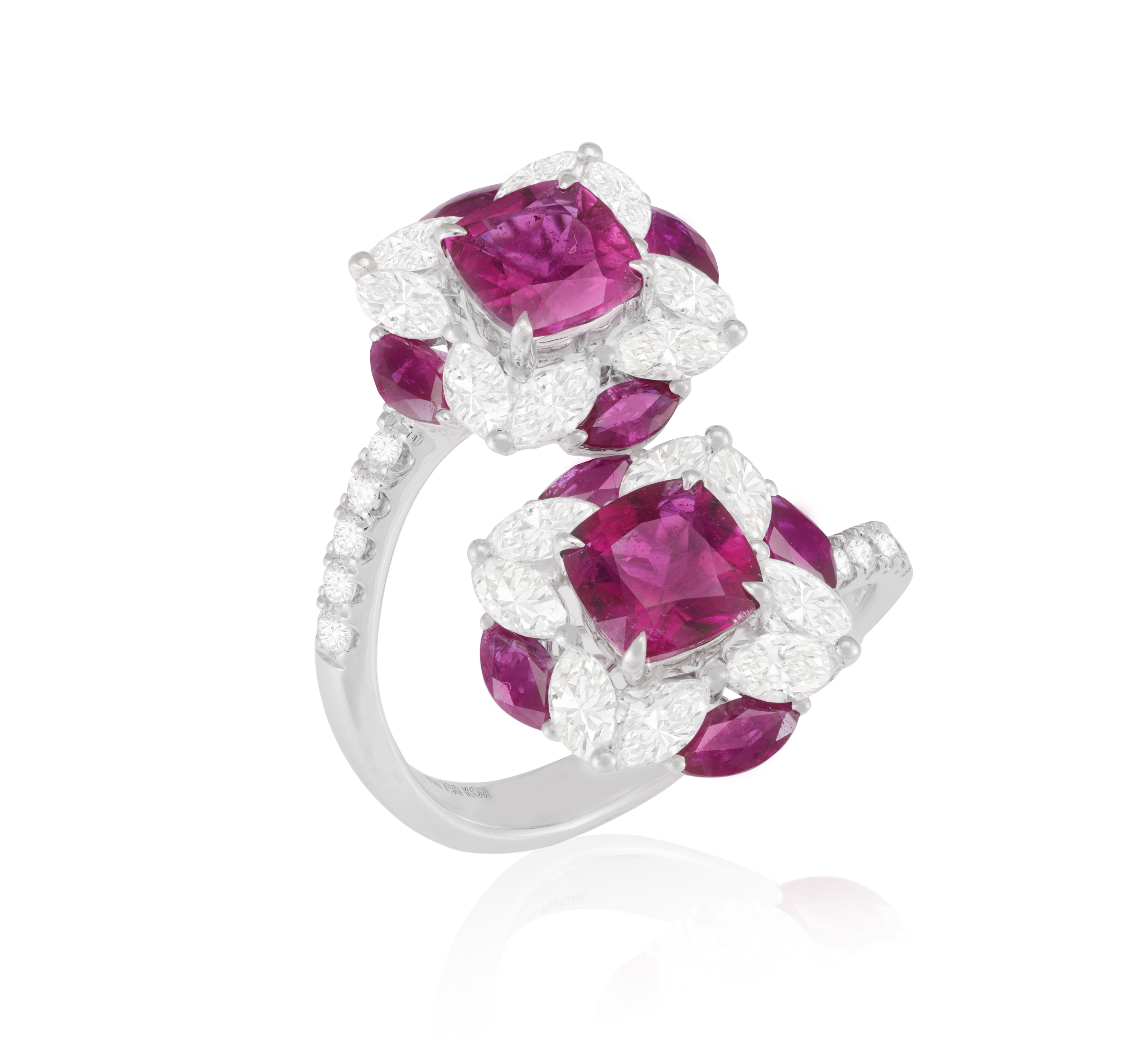A RUBELLITE, RUBY AND DIAMOND DRESS RING Of crossover design, each cushion-shaped rubellite - Image 3 of 6