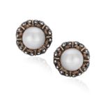 A PAIR OF CULTURED PEARL AND DIAMOND EARRINGS, BY M. BUCCELLATI Each cultured pearl of white tint
