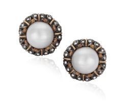 A PAIR OF CULTURED PEARL AND DIAMOND EARRINGS, BY M. BUCCELLATI Each cultured pearl of white tint