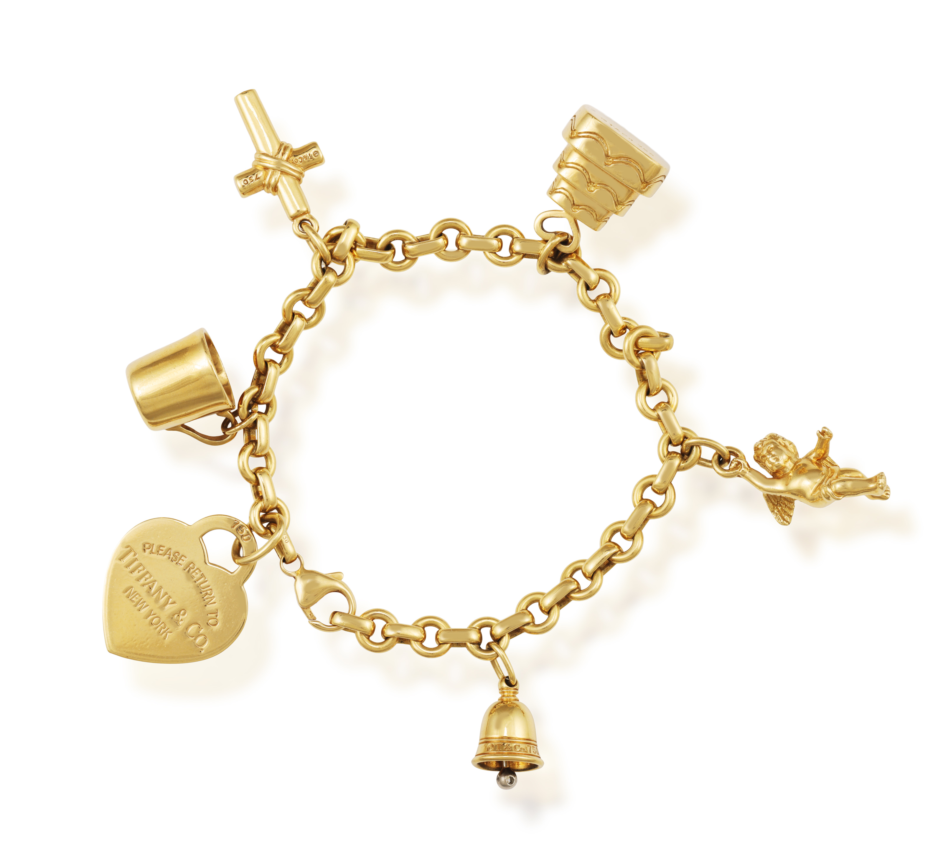 A GOLD AND DIAMOND CHARM BRACELET, BY TIFFANY & CO. The cable-link chain suspending six gold charms, - Image 2 of 4