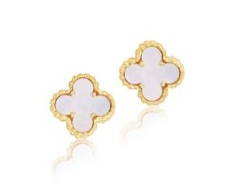 A PAIR OF MOTHER-OF-PEARL 'SWEET ALHAMBRA' EARSTUDS, BY VAN CLEEF & ARPELS Each quatrefoil mother-