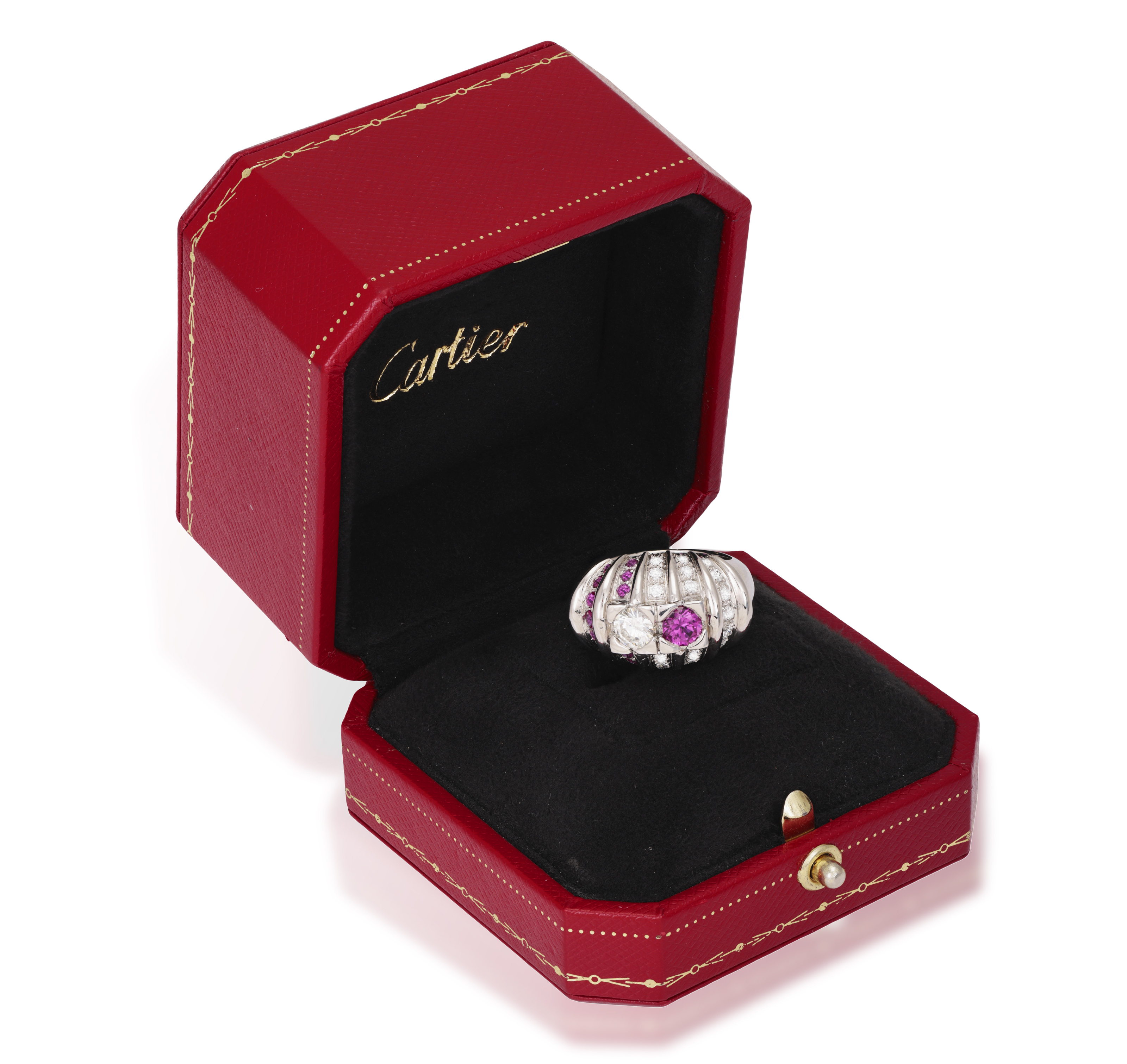 A RUBY AND DIAMOND DRESS RING, CARTIER Of domed fluted design, set with a brilliant-cut diamond - Image 3 of 5