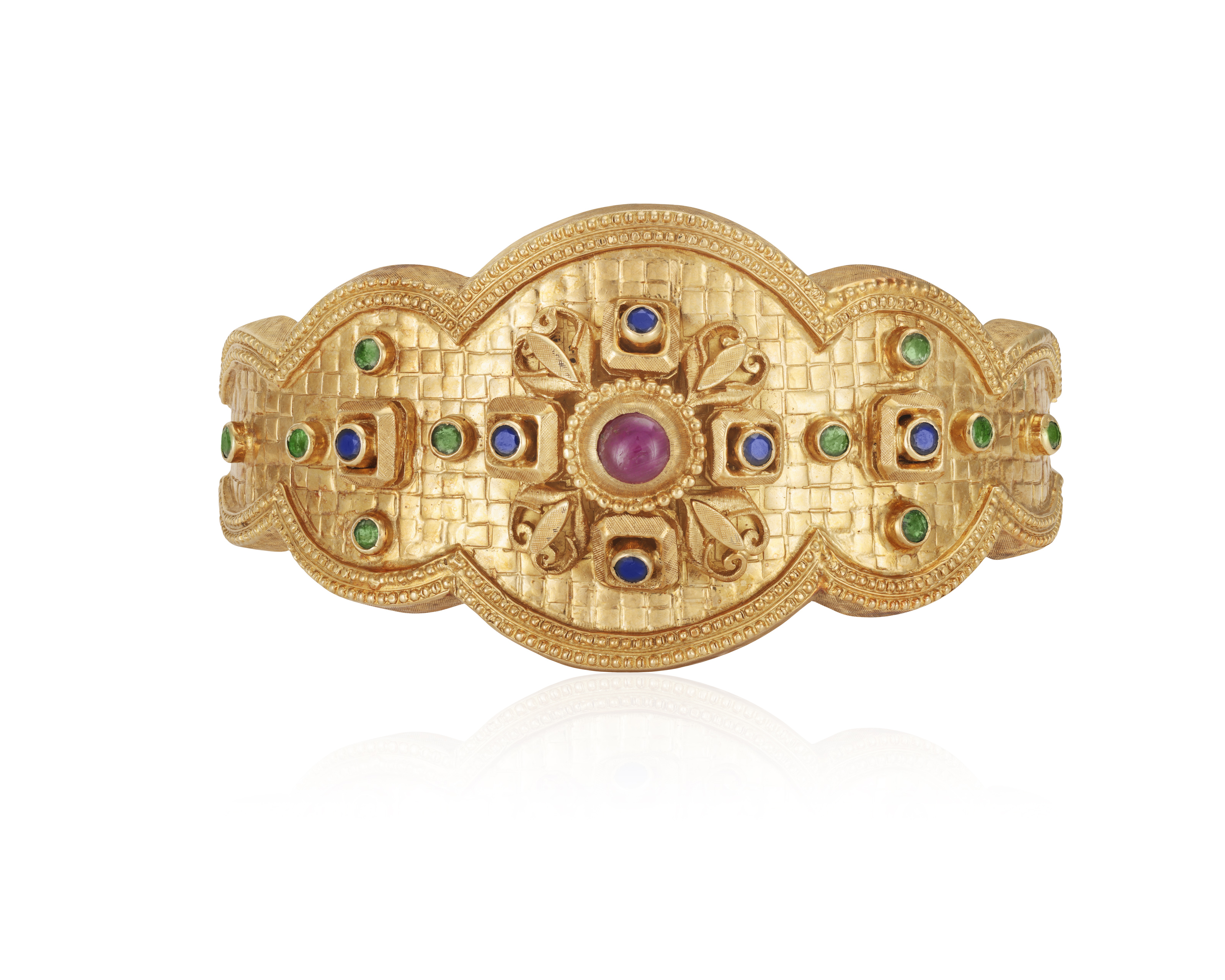 A GEM-SET BANGLE, BY ILIAS LALAOUNIS Of hinged design, the central scalloped plaque, centring a - Image 2 of 4