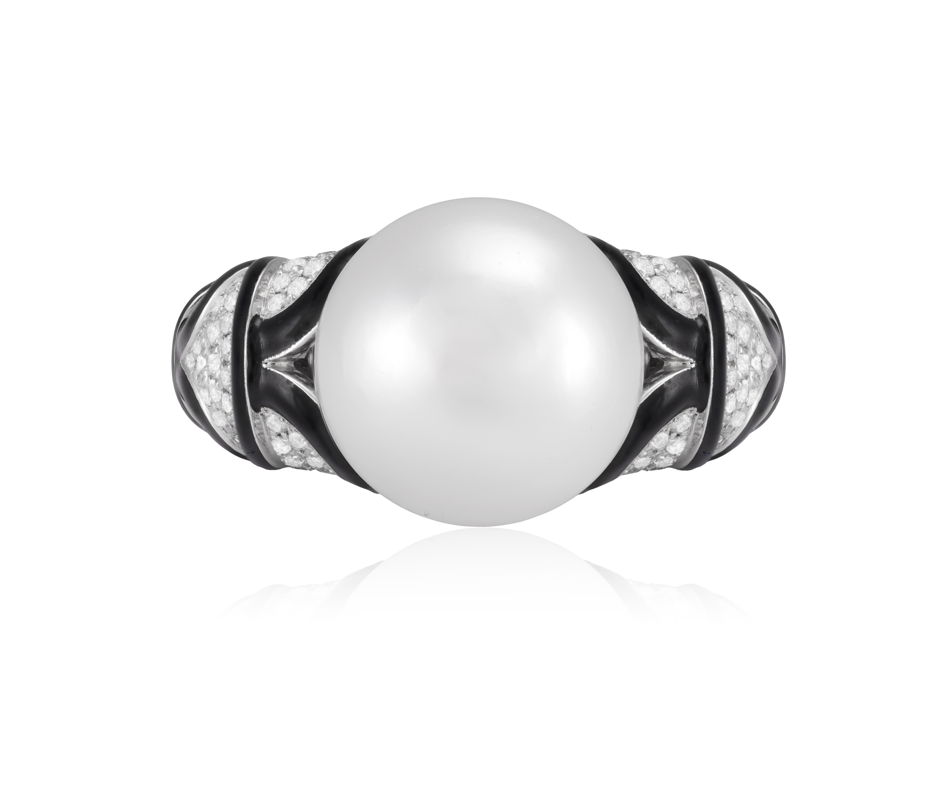 A CULTURED PEARL, ENAMEL AND DIAMOND DRESS RING Centring a cultured pearl of white tint measuring - Image 2 of 3