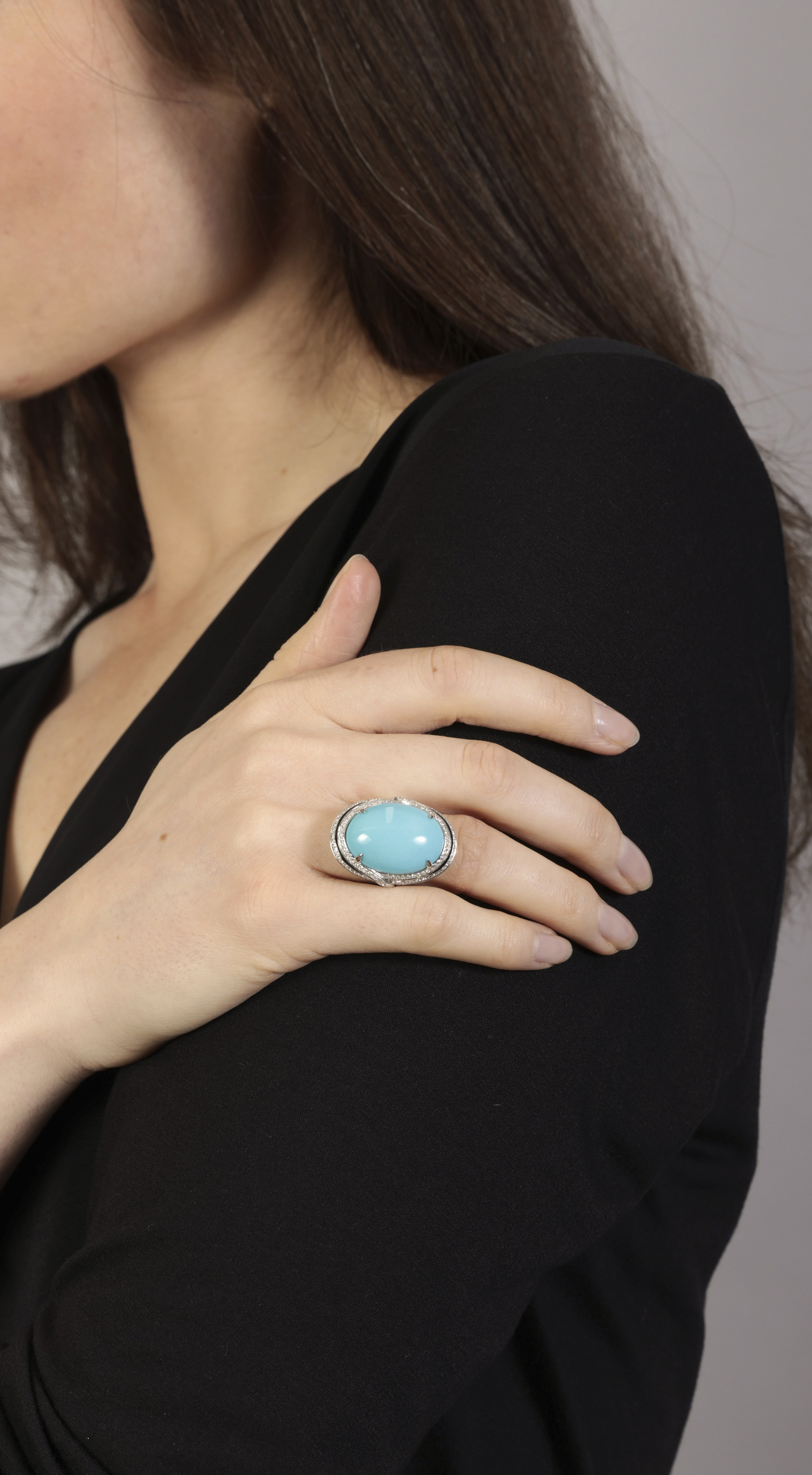 A TURQUOISE, ENAMEL AND DIAMOND DRESS RING The oval-shaped turquoise cabochon within a frame pavé- - Image 4 of 4