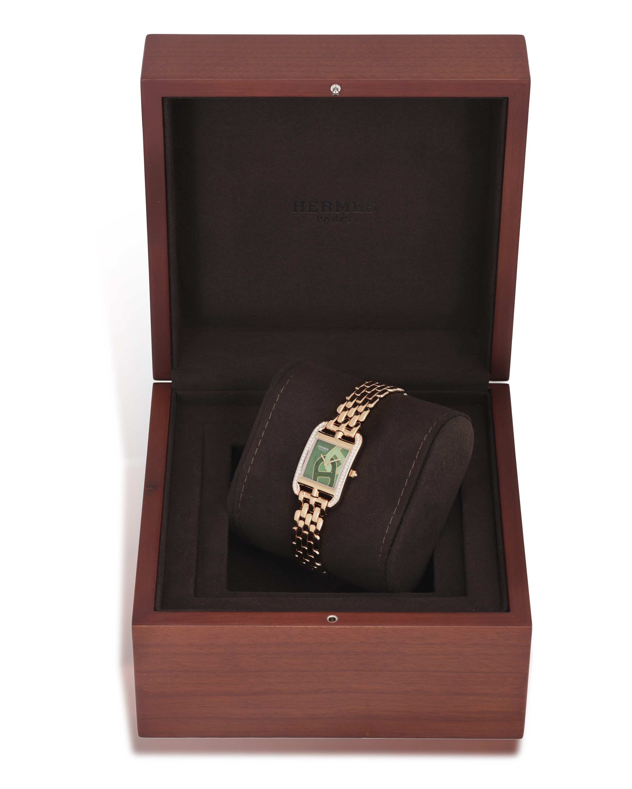 AN 18K GOLD AND GEM-SET 'CAPE COD' BRACELET WATCH, BY HERMÈS Of quartz movement, the square green - Image 2 of 4