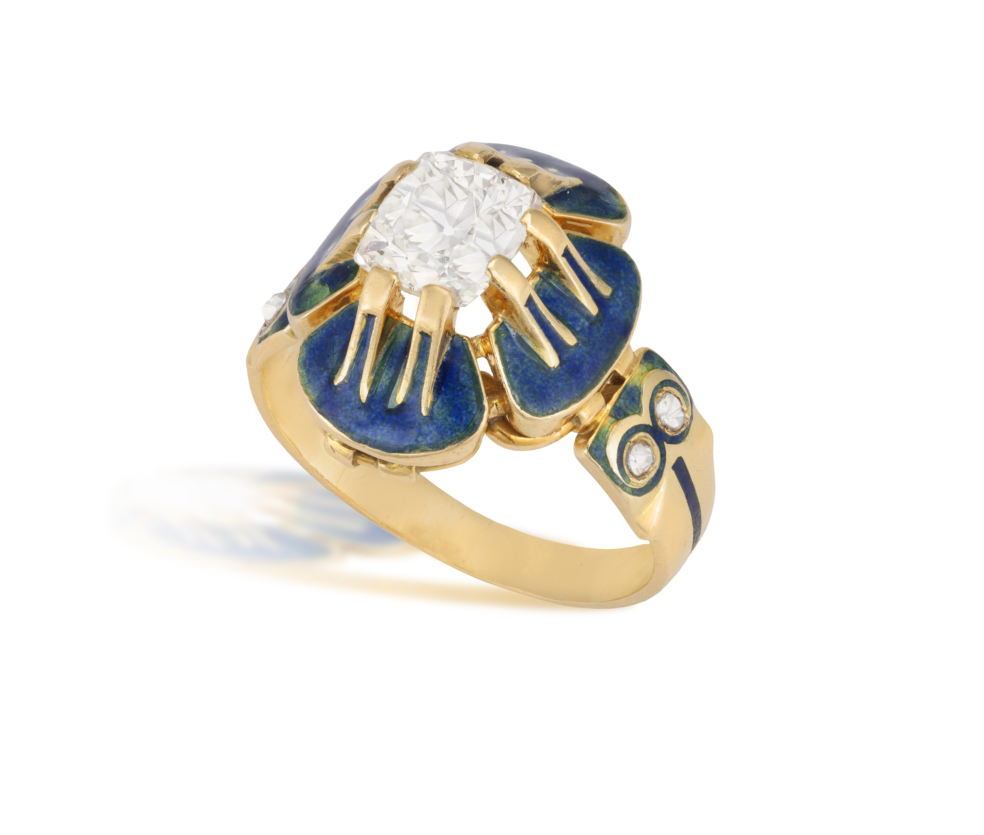 A RARE ART NOUVEAU ENAMEL AND DIAMOND 'PANSY' RING, BY CHARLES RIVAUD, CIRCA 1900 The cushion-shaped - Image 2 of 6