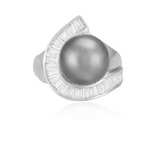 A CULTURED PEARL AND DIAMOND DRESS RING The Tahitian grey pearl measuring approximately 12.74mm,