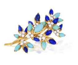 A TURQUOISE, LAPIS LAZULI AND DIAMOND BROOCH, BY VAN CLEEF & ARPELS, CIRCA 1965 Of foliate design,