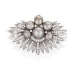 A CULTURED PEARL AND DIAMOND BROOCH, CIRCA 1960 Of fan-shaped palm design, centring a cultured pearl