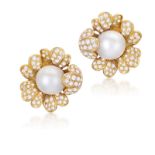 A PAIR OF CULTURED PEARL AND DIAMOND EARCLIPS Each flowerhead centring a cultured pearl of white