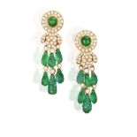 A PAIR OF EMERALD AND DIAMOND EARRINGS, BY PETOCHI Of tassel design, each composed of a circular