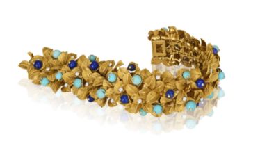 A RARE TURQUOISE, LAPIS LAZULI AND DIAMOND BRACELET, BY FRED PARIS, CIRCA 1960 The highly