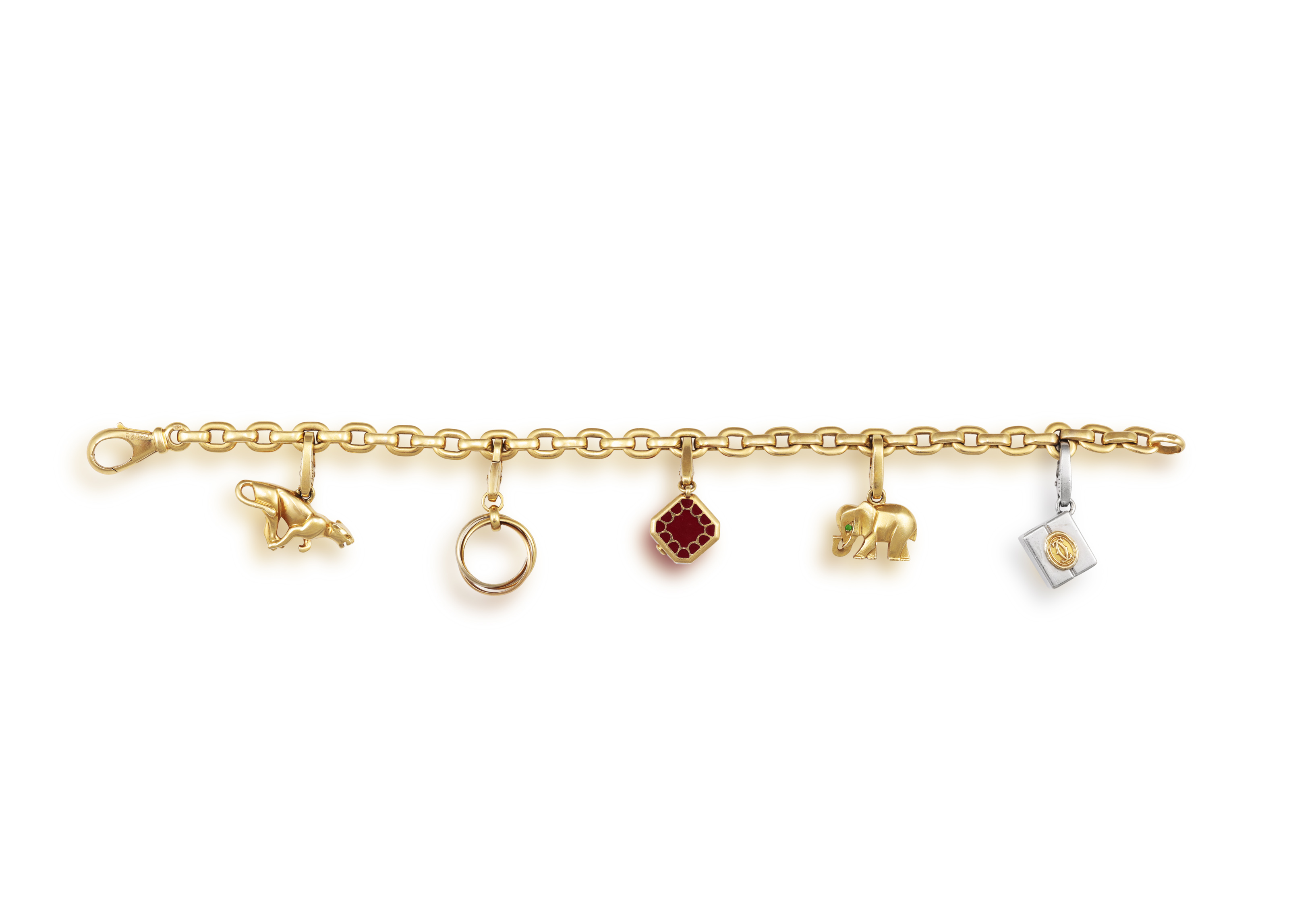 A GOLD CHARM BRACELET, BY CARTIER The belcher-link chain bracelet, suspending five detachable charms - Image 3 of 6