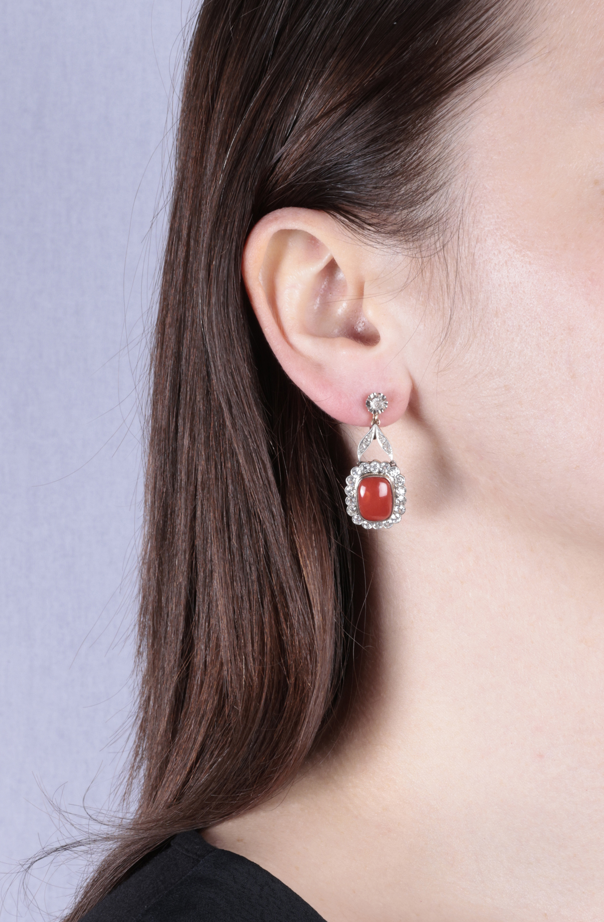 A PAIR OF MID 20TH CENTURY CORAL AND DIAMOND EARRINGS Each set with a cushion-shaped cabochon coral, - Image 2 of 4