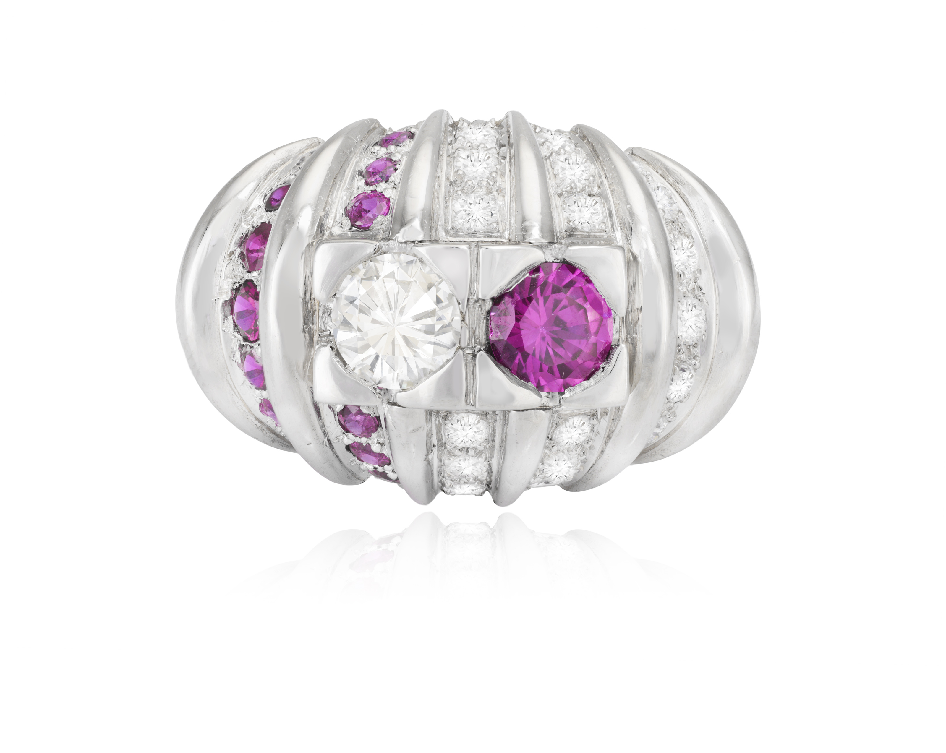 A RUBY AND DIAMOND DRESS RING, CARTIER Of domed fluted design, set with a brilliant-cut diamond - Image 2 of 5