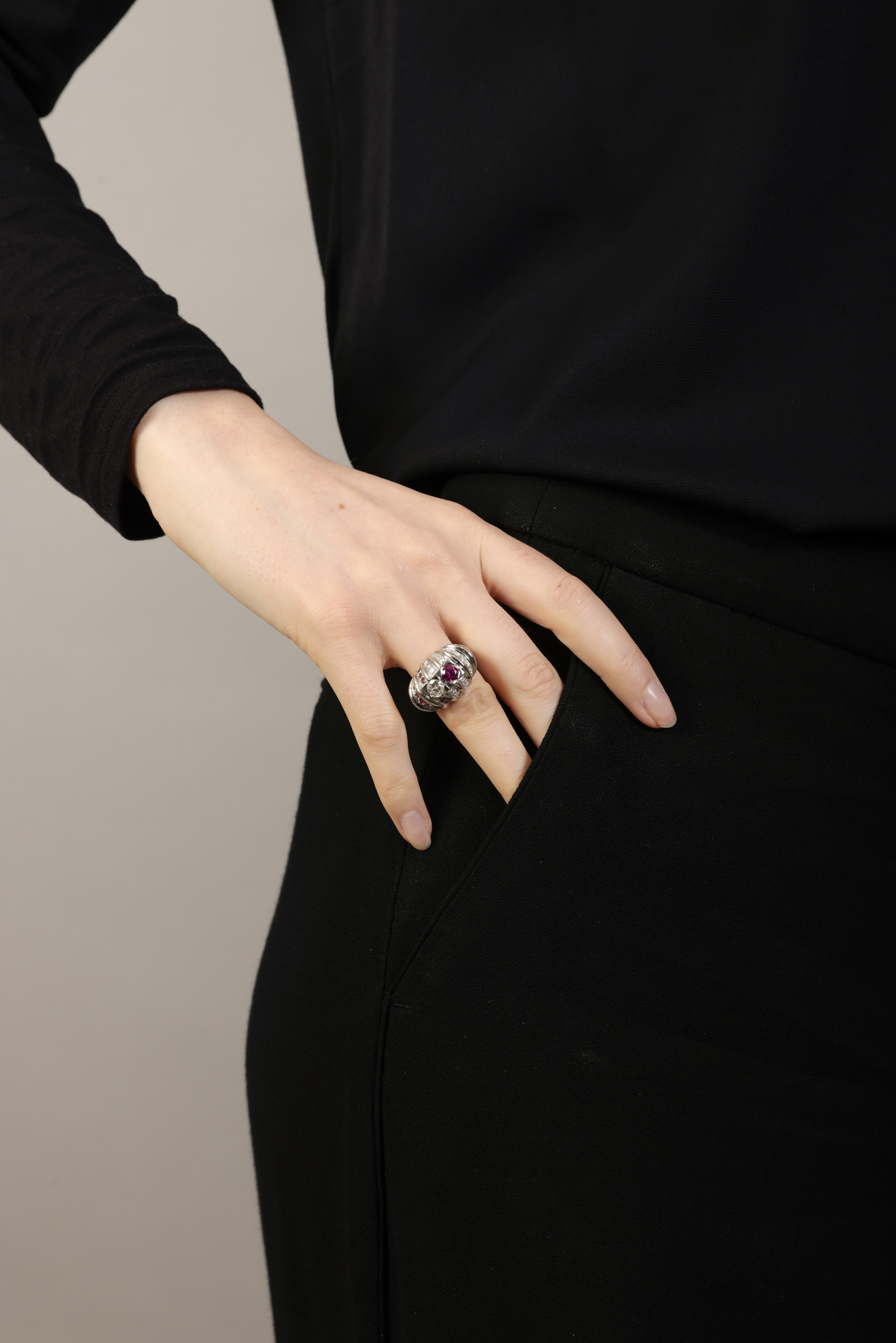 A RUBY AND DIAMOND DRESS RING, CARTIER Of domed fluted design, set with a brilliant-cut diamond - Image 5 of 5