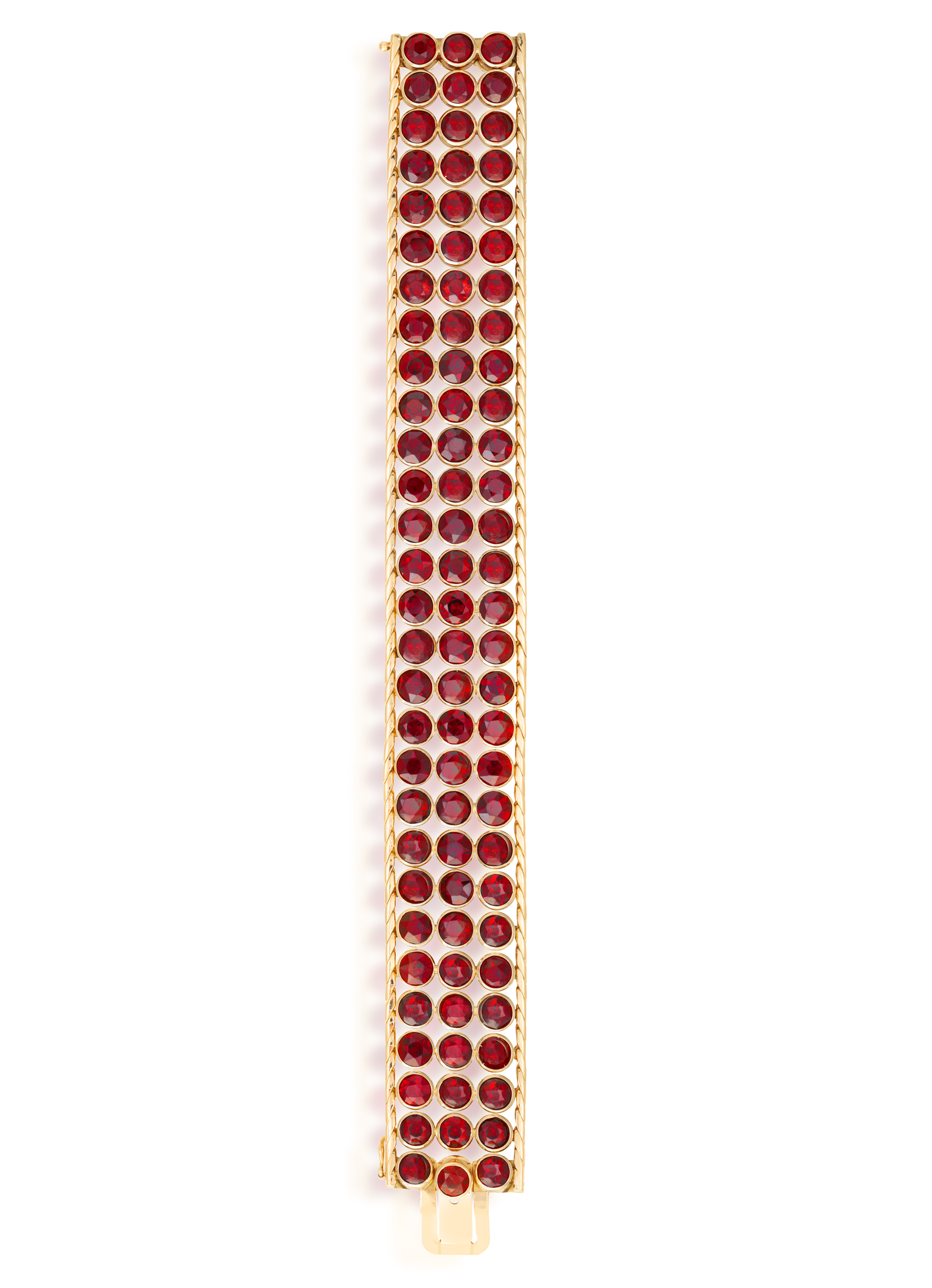 A GARNET AND GOLD BRACELET, CIRCA 1950 The wide band collet-set with circular-cut garnets, to fine- - Image 2 of 4