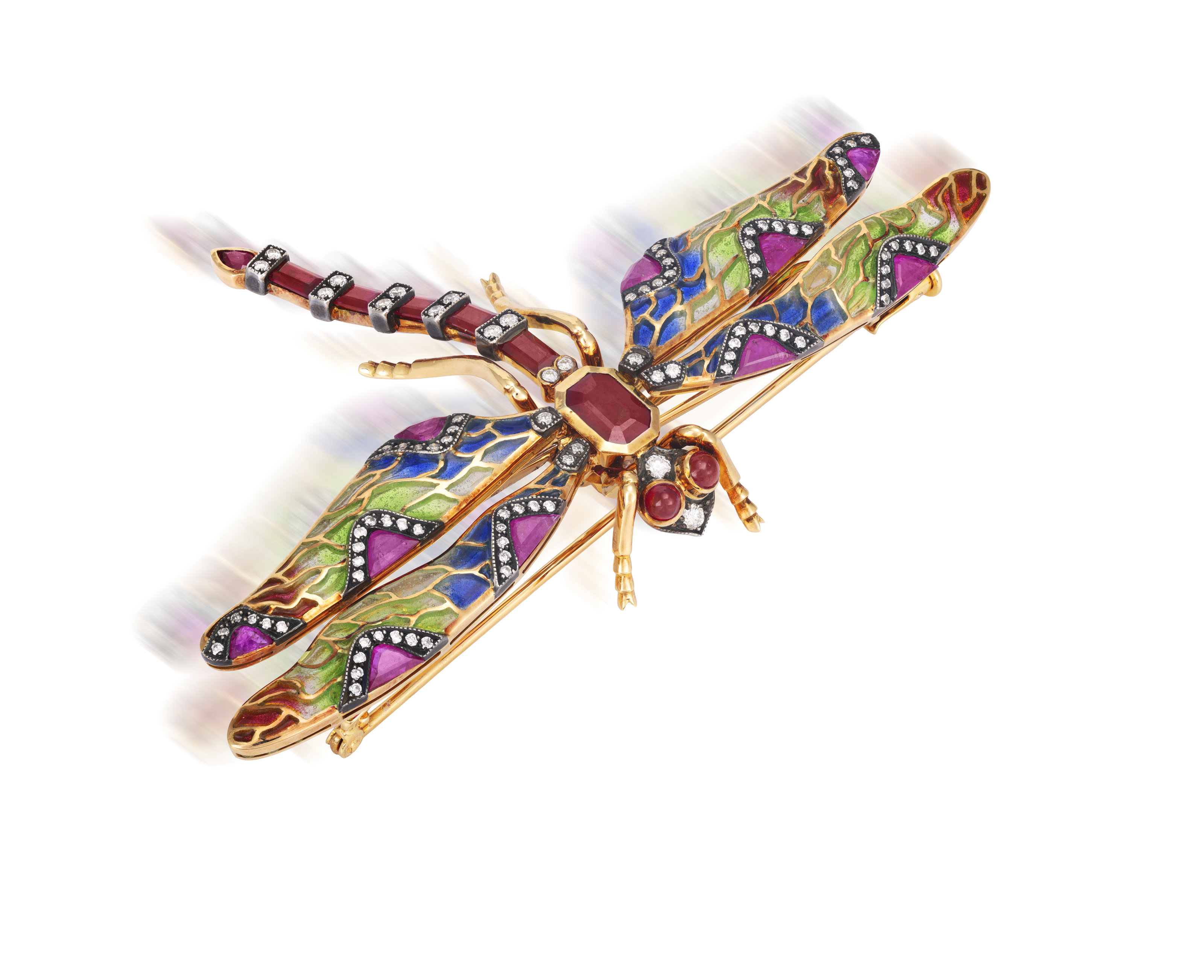 A GEM-SET, DIAMOND AND ENAMEL BROOCH Designed as a dragonfly, its wings mounted en tremblant, - Image 2 of 3