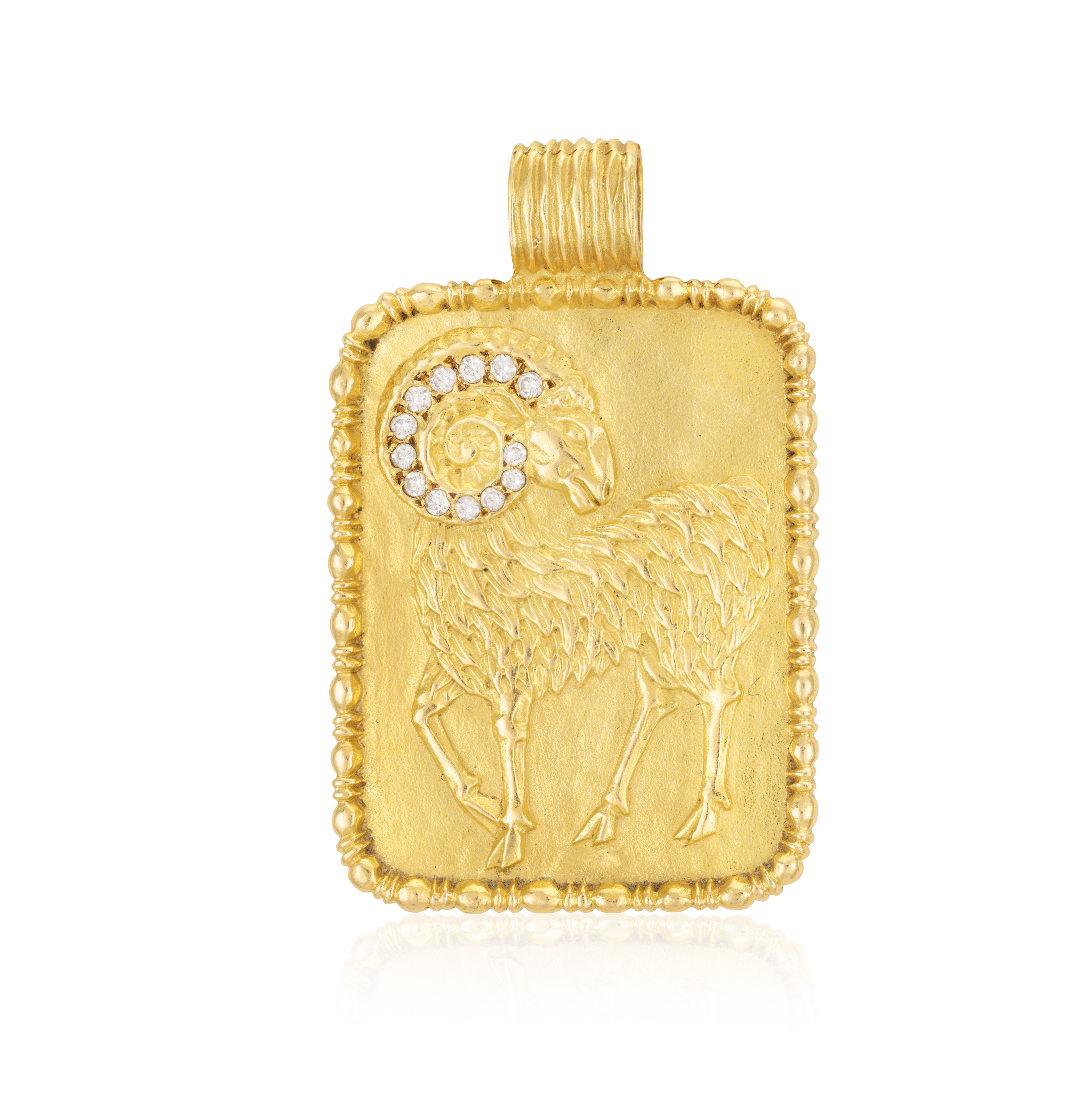 A DIAMOND AND GOLD ZODIAC PENDANT, BY FRED PARIS, CIRCA 1975 The rectangular plaque depicting the