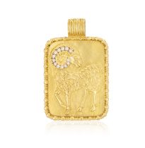 A DIAMOND AND GOLD ZODIAC PENDANT, BY FRED PARIS, CIRCA 1975 The rectangular plaque depicting the