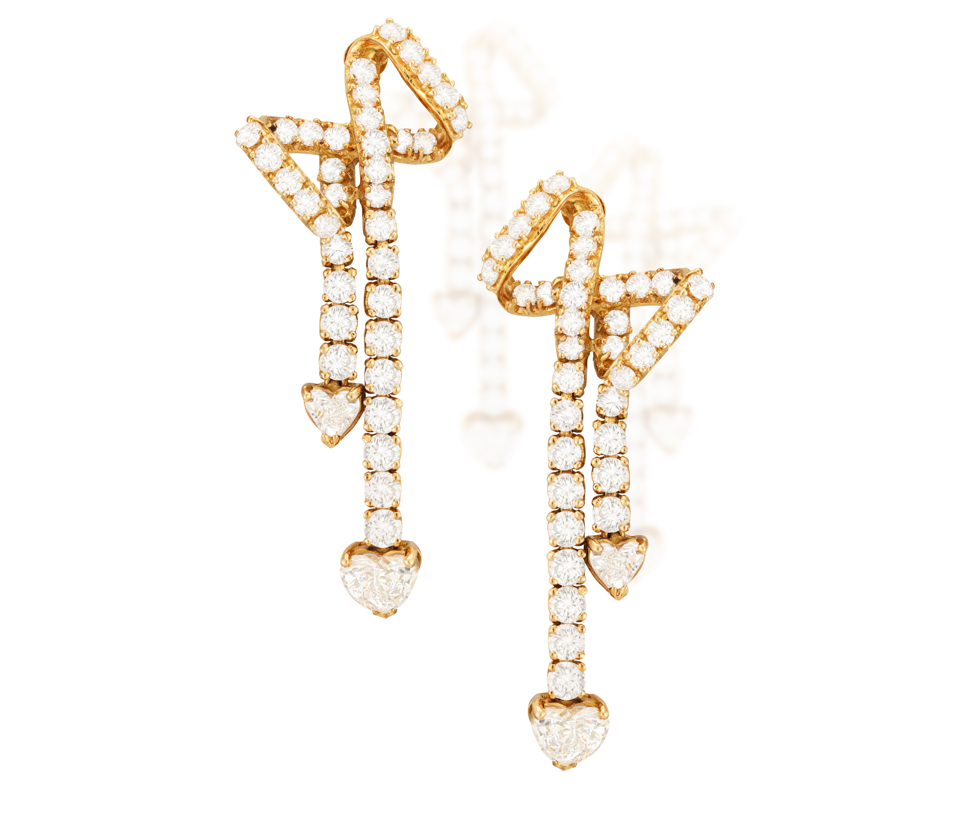 A PAIR OF DIAMOND PENDENT EARRINGS Each designed as a stylised ribbon set with brilliant-cut