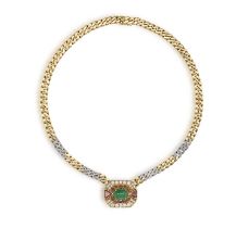 AN EMERALD AND DIAMOND NECKLACE Designed as an octagonal plaque, centring a cabochon emerald