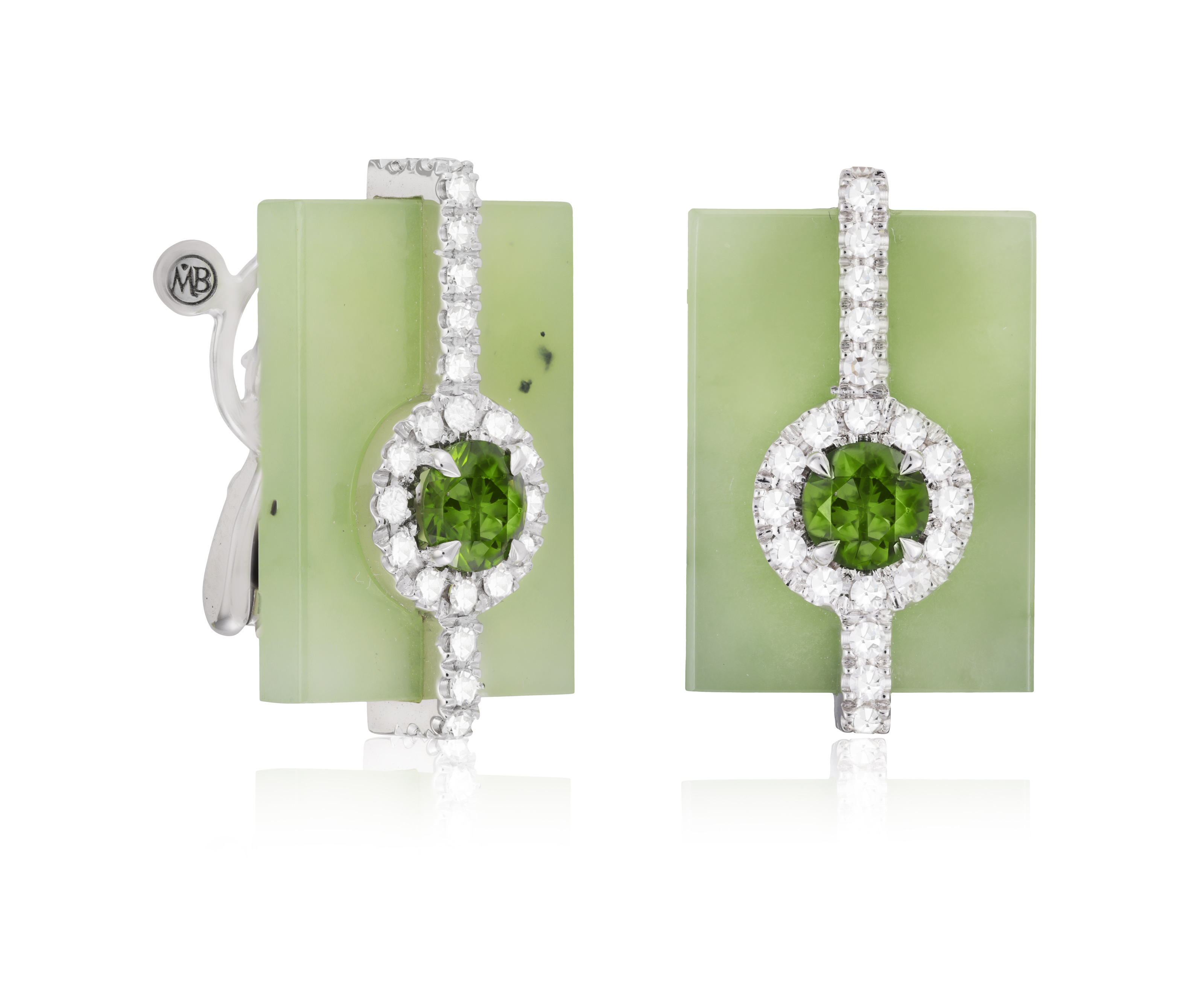 A PAIR OF JADE, CHROME DIOPSIDE AND DIAMOND EARRINGS, BY MARGHERITA BURGENER Each rectangular - Image 2 of 3