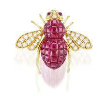 A RUBY AND DIAMOND NOVELTY BROOCH, BY SABBADINI Designed as a stylised bee, the body set with