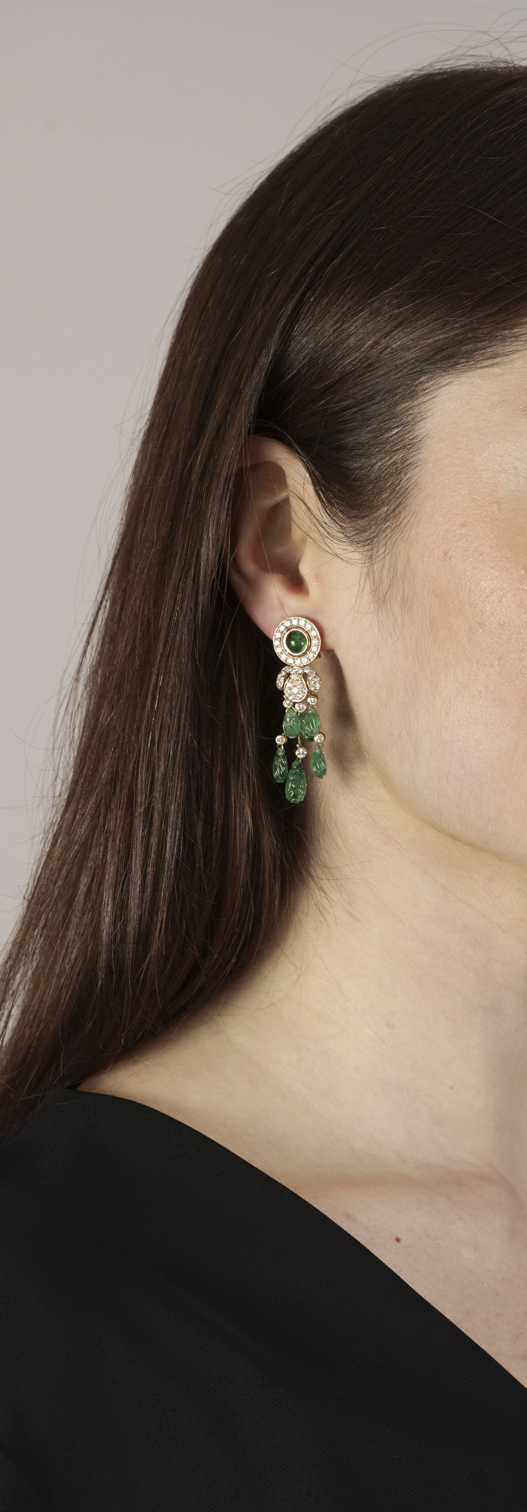 A PAIR OF EMERALD AND DIAMOND EARRINGS, BY PETOCHI Of tassel design, each composed of a circular - Image 2 of 2