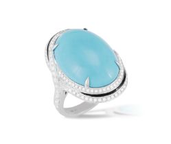 A TURQUOISE, ENAMEL AND DIAMOND DRESS RING The oval-shaped turquoise cabochon within a frame pavé-