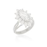 A DIAMOND CLUSTER RING, CIRCA 1960 The marquise-cut diamond weighing approximately 1.50ct, within