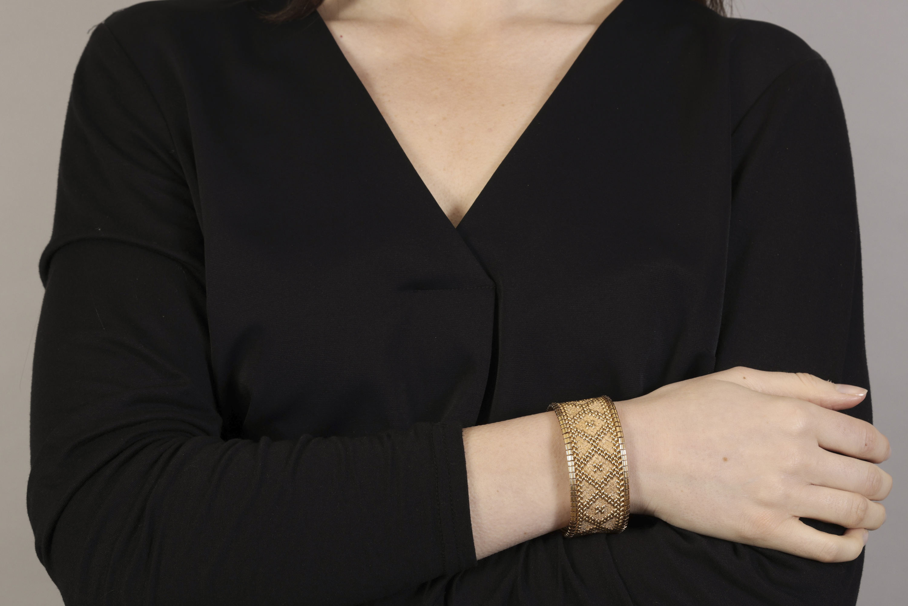 A GOLD BRACELET, FRENCH, CIRCA 1965 The textured and polished strap designed to resemble embroidery, - Image 3 of 4