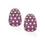 A PAIR OF RUBY AND DIAMOND EARRINGS Of bombé design, each pavé-set with circular-cut rubies and