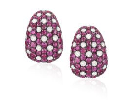 A PAIR OF RUBY AND DIAMOND EARRINGS Of bombé design, each pavé-set with circular-cut rubies and