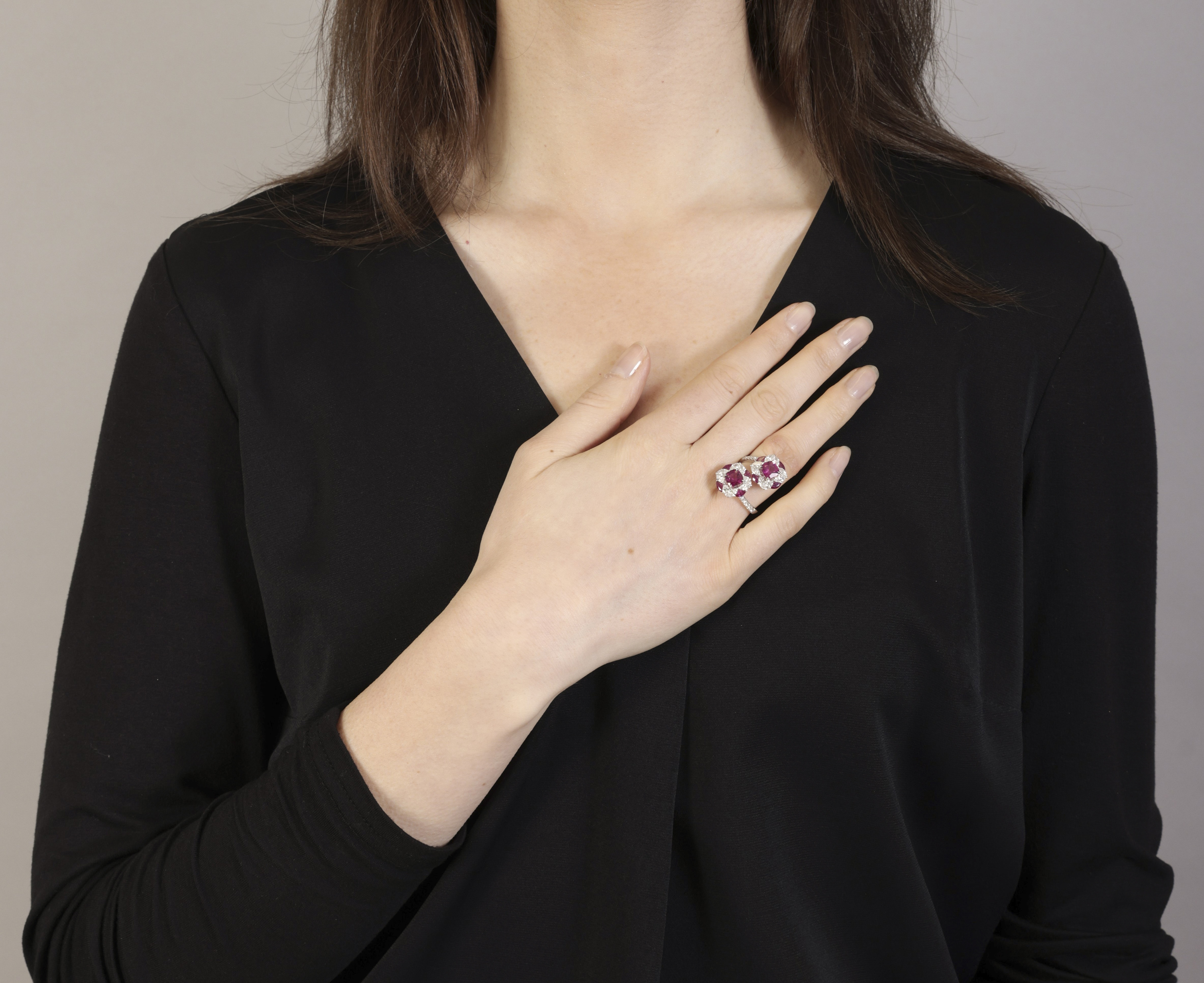 A RUBELLITE, RUBY AND DIAMOND DRESS RING Of crossover design, each cushion-shaped rubellite - Image 4 of 6