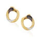 A PAIR OF DIAMOND AND MOTHER-OF-PEARL DIAMOND EARRINGS, BY MAUBOUSSIN, CIRCA 1970 Each textured gold