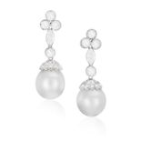 A PAIR OF CULTURED PEARL AND DIAMOND PENDENT EARRINGS Each cultured pearl of white tint measuring