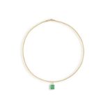 AN EMERALD AND DIAMOND PENDANT NECKLACE The rectangular cut-cornered emerald weighing