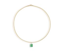 AN EMERALD AND DIAMOND PENDANT NECKLACE The rectangular cut-cornered emerald weighing